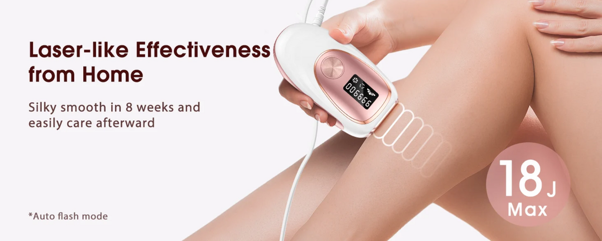 SilkIce IPL handset being used on the lower leg at home, with an 18 J max energy badge