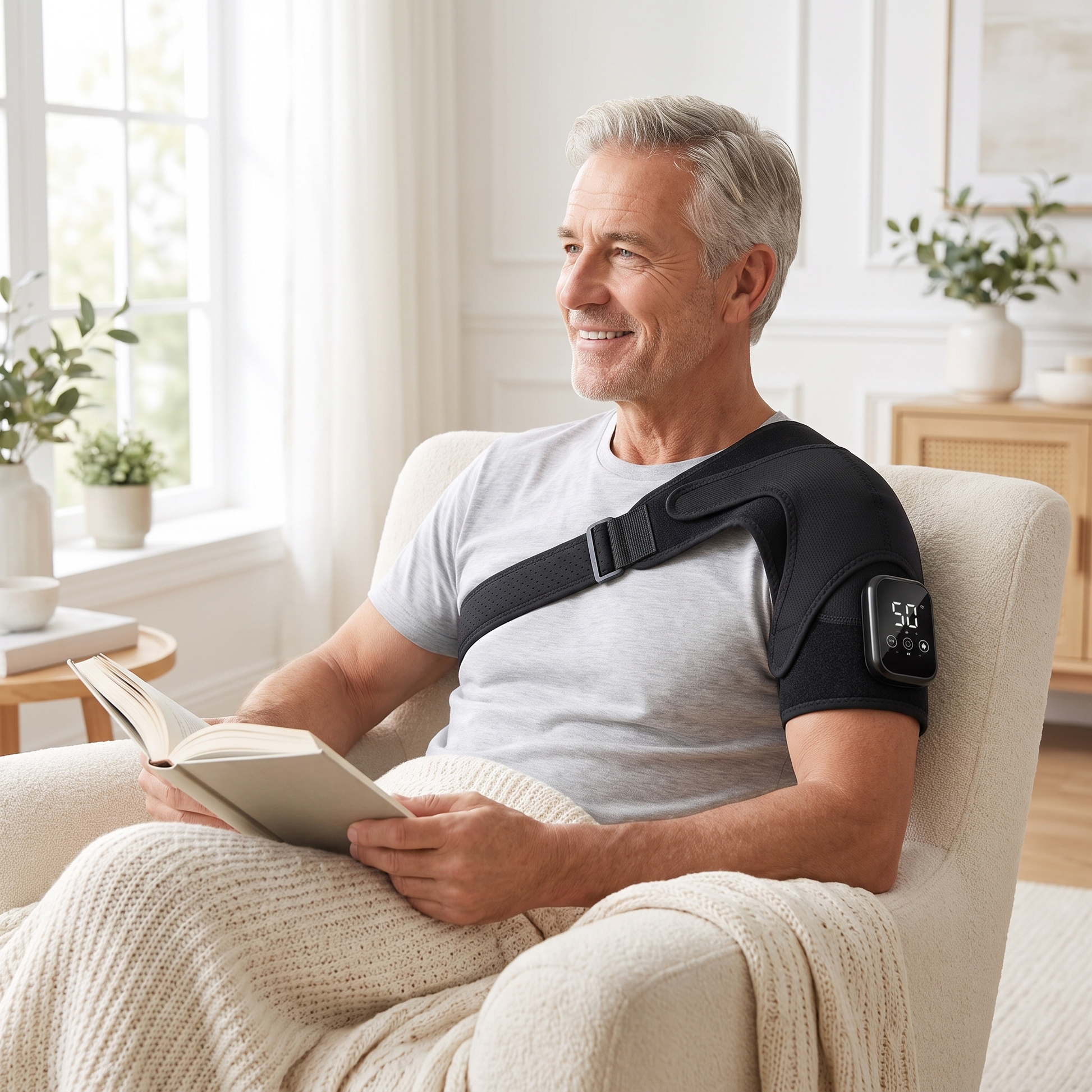 ShoulderSoothe Heated Massage Brace - man reading by window wearing brace