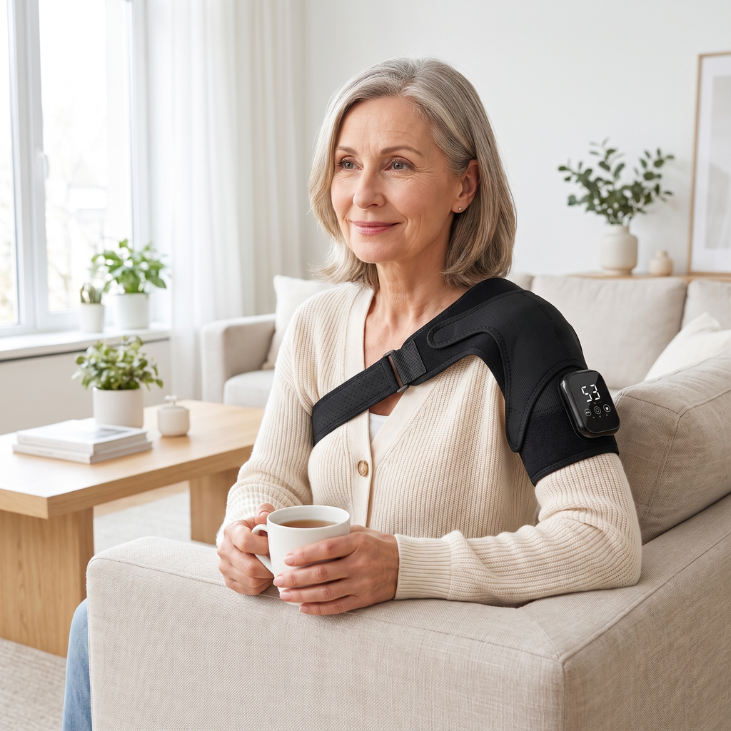ShoulderSoothe Heated Massage Brace - woman relaxing with tea wearing brace