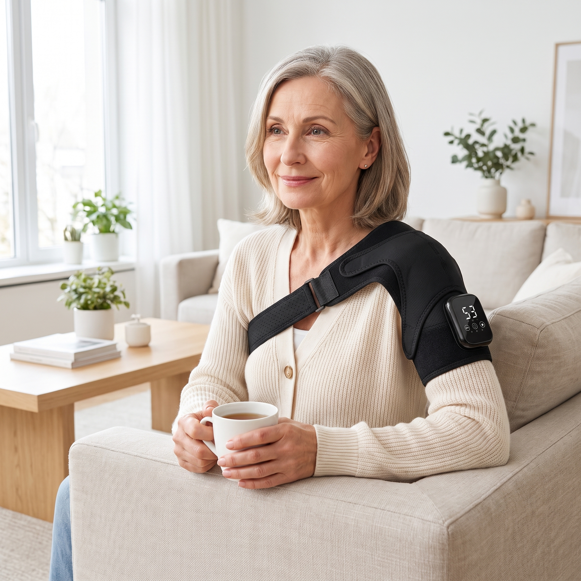 ShoulderSoothe Heated Massage Brace - woman relaxing with tea wearing brace