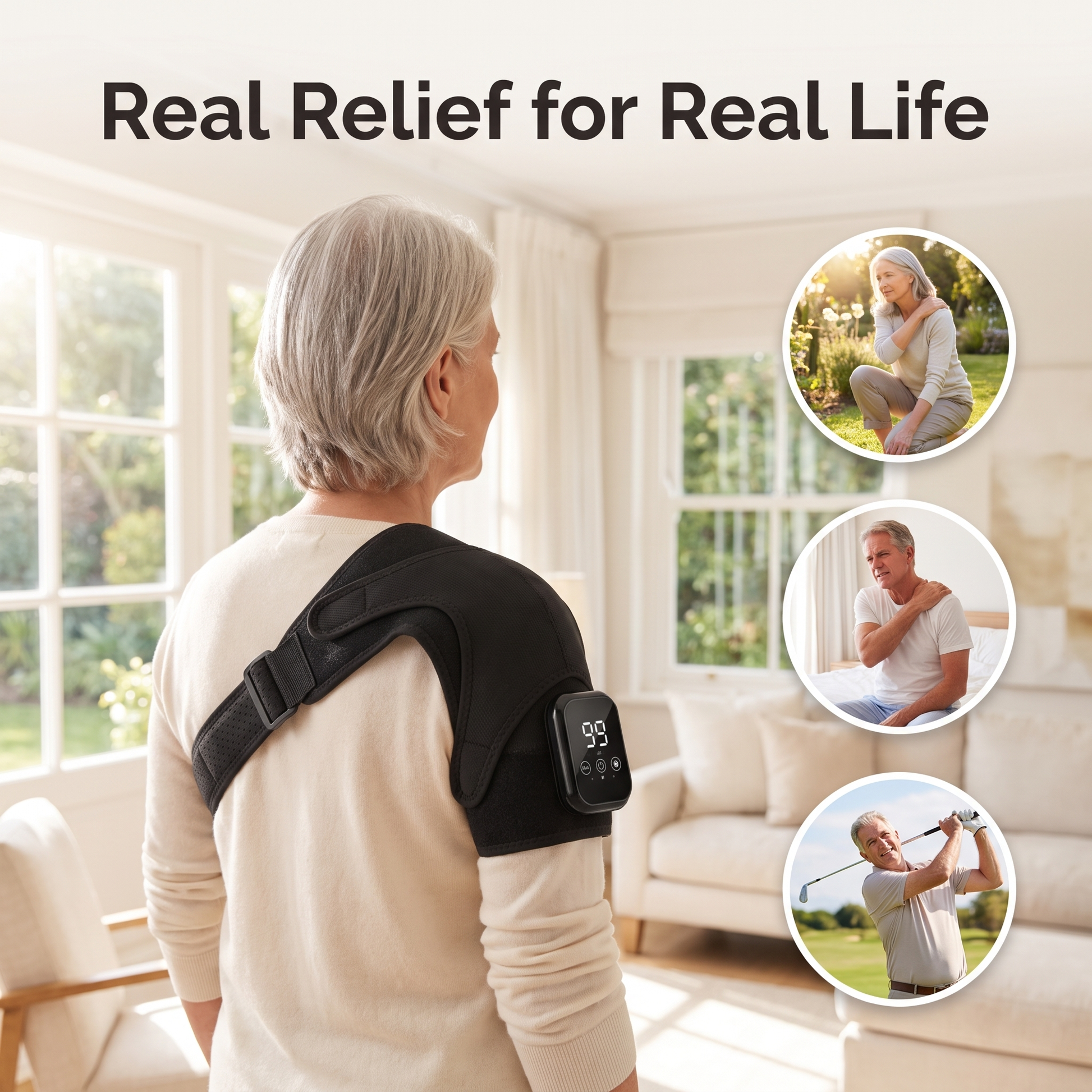 ShoulderSoothe Heated Massage Brace - bright real relief for real life, senior lifestyle
