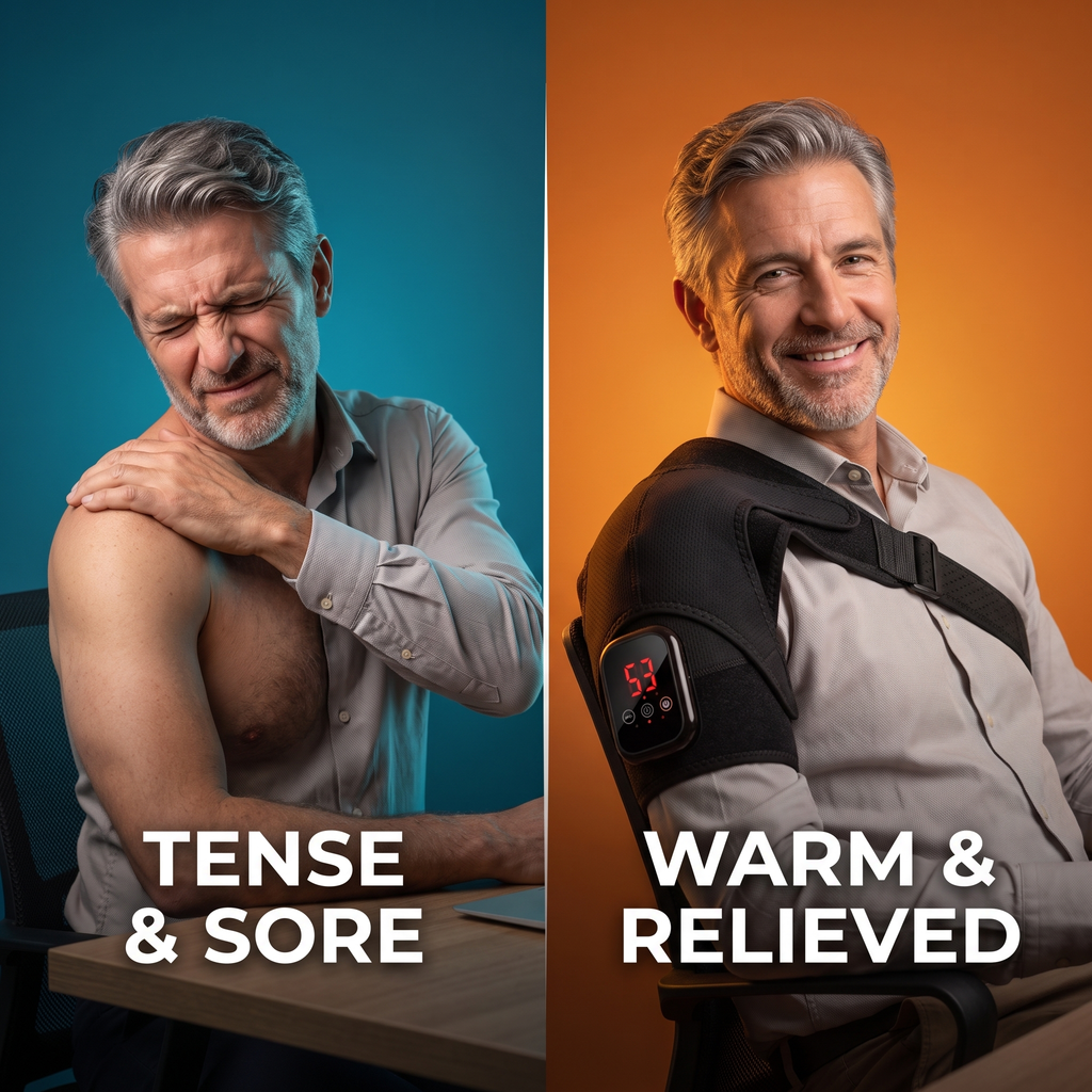 ShoulderSoothe Heated Massage Brace - colorful before and after, tense to relieved