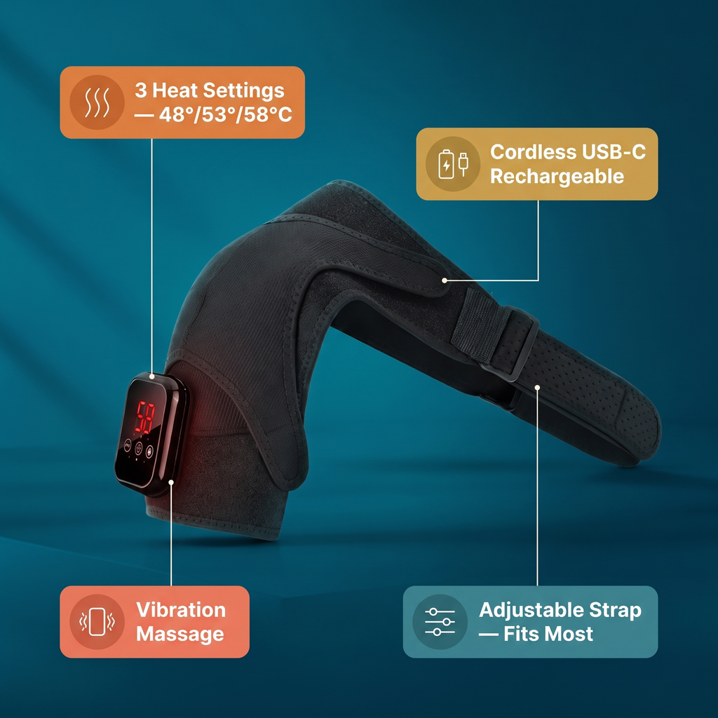 ShoulderSoothe Heated Massage Brace - colorful feature callouts