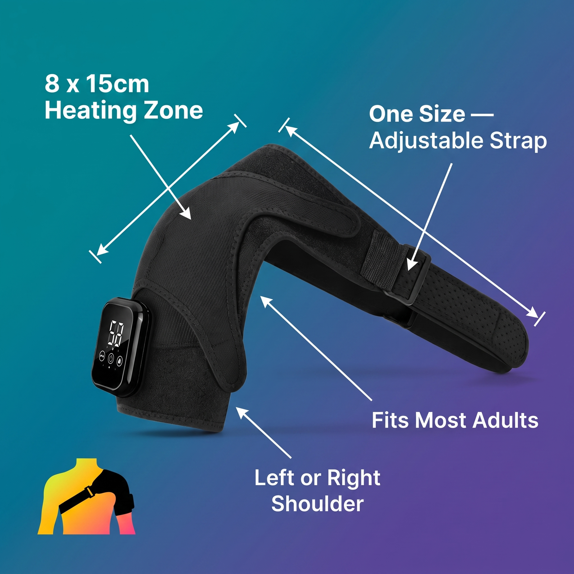 ShoulderSoothe Heated Massage Brace - size and fit guide