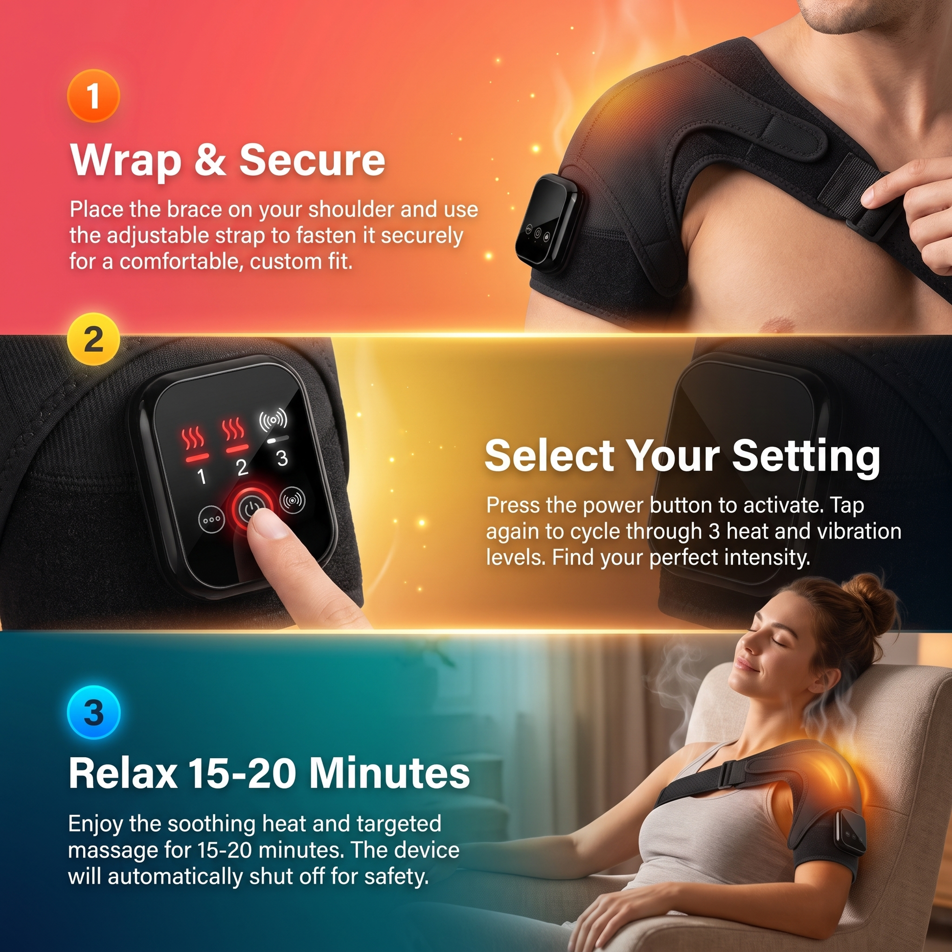 ShoulderSoothe Heated Massage Brace - how to use, 3 step guide